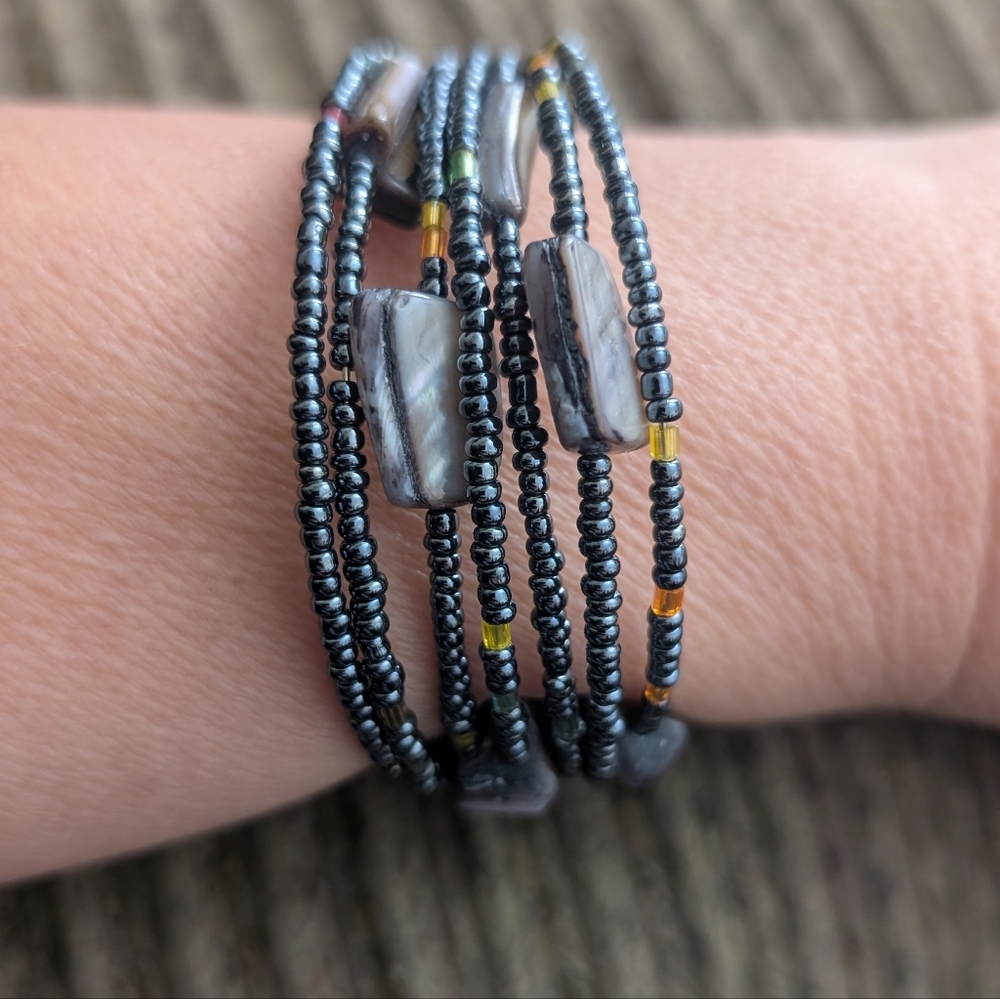 Y2K Seed Bead Memory Wire Wrap Bracelet Boho Whimsygoth Stacked Black Beaded